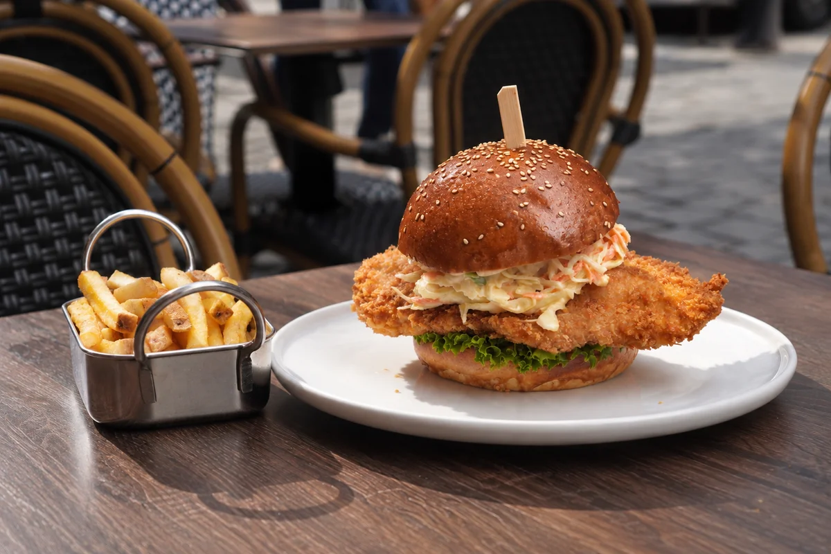 Crispy chicken burger with fries