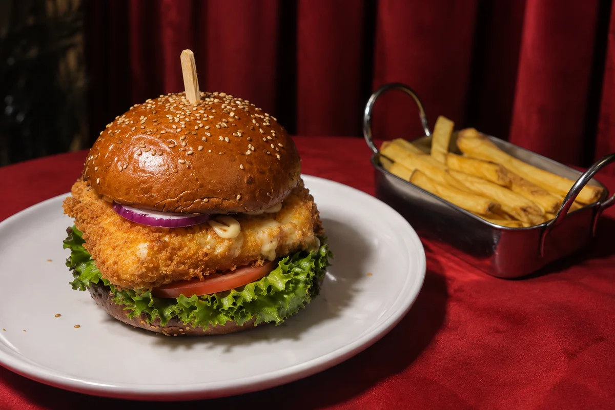 Burger with lettuce and fries